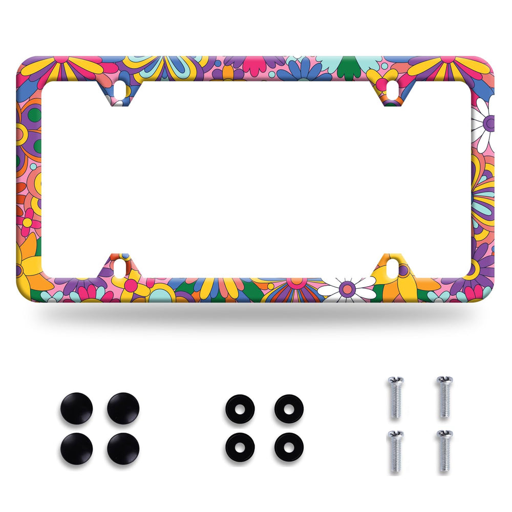 LOISTAVA Hippie Flowers license plate frame with colorful floral design for standout style.