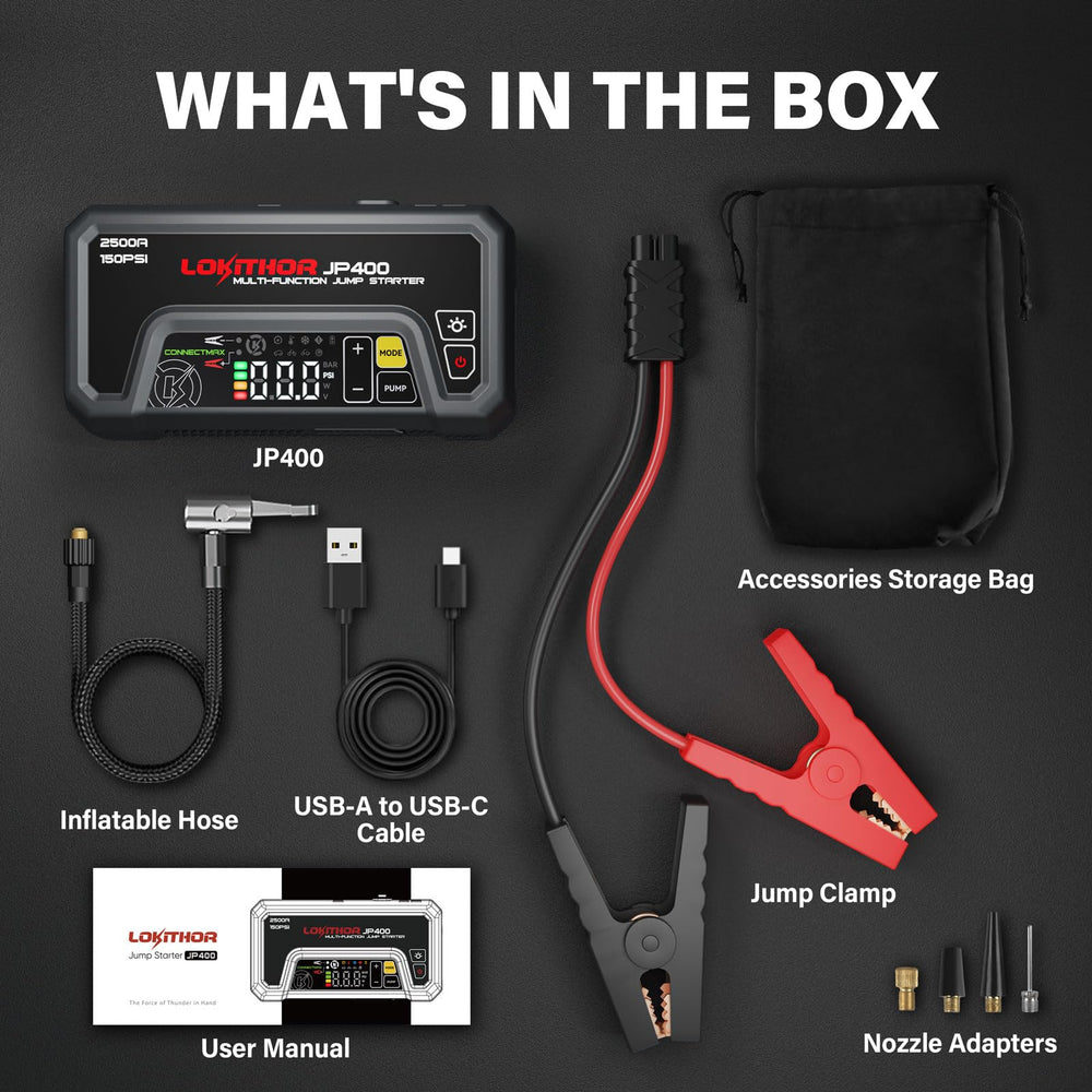 LOKITHOR JP400 package contents including cables and storage bag for on-the-go use