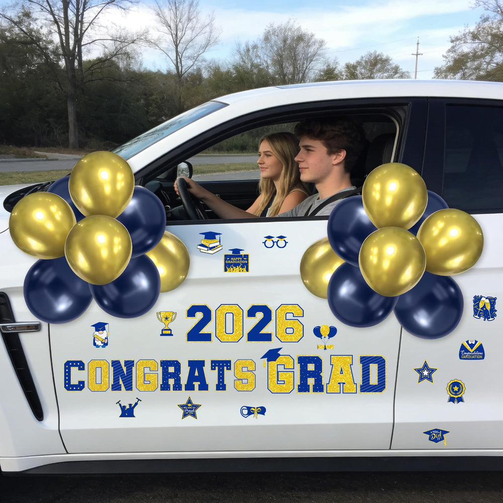 Lovarywow 46-piece graduation set creates a cohesive blue and gold theme across vehicles.