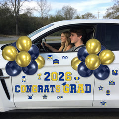 Lovarywow 46-piece graduation set creates a cohesive blue and gold theme across vehicles.