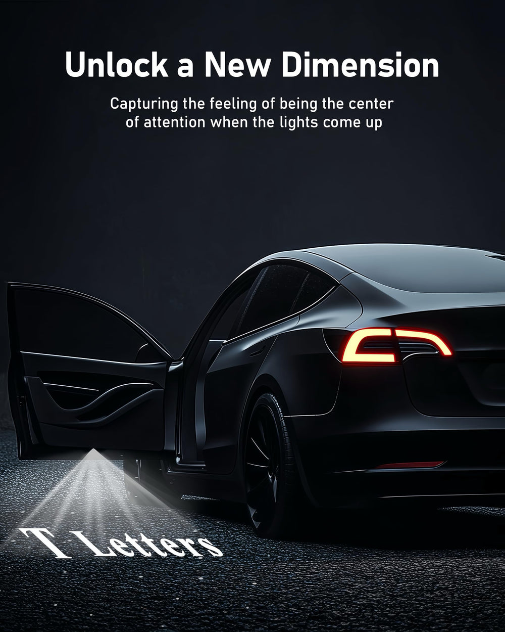Loweeey 4K car door projector rear-right blends with dark interior.
