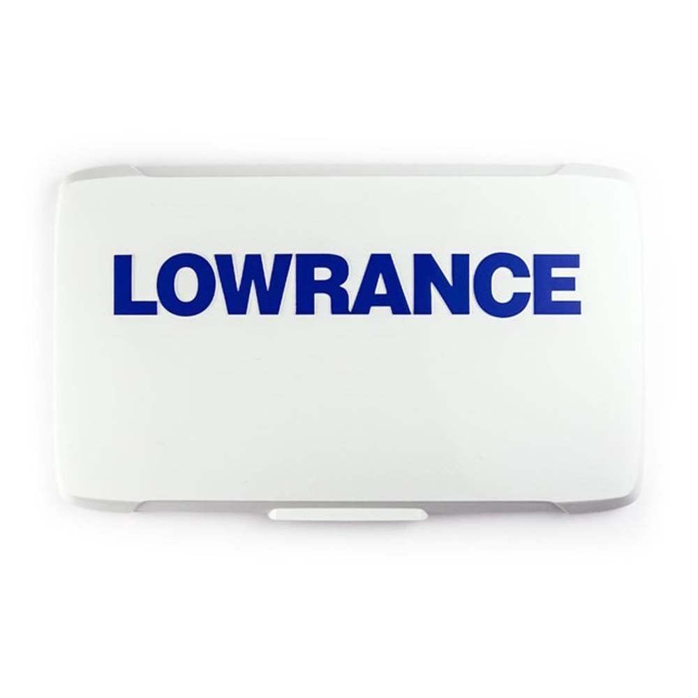 Lowrance Eagle 5 sun cover in white with blue lettering protects the display on boats.