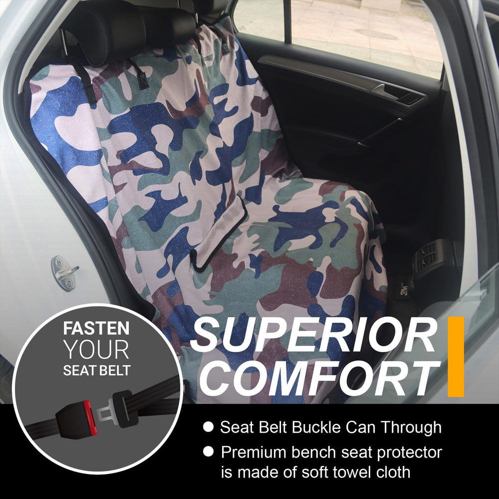 LoyaGour camouflage installed back seat cover shows full coverage and non-slip backing.