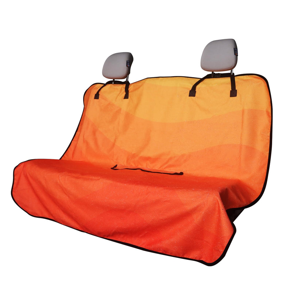 LoyaGour back seat cover with orange pattern protects leather from spills and wear.