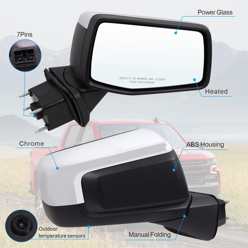 Lqito power glass feature on Silverado 1500 mirror eases inside adjustment.