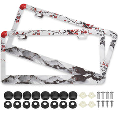 LRZJYDMB watercolor cherry blossom license plate frame, front view, rust-resistant stainless steel.