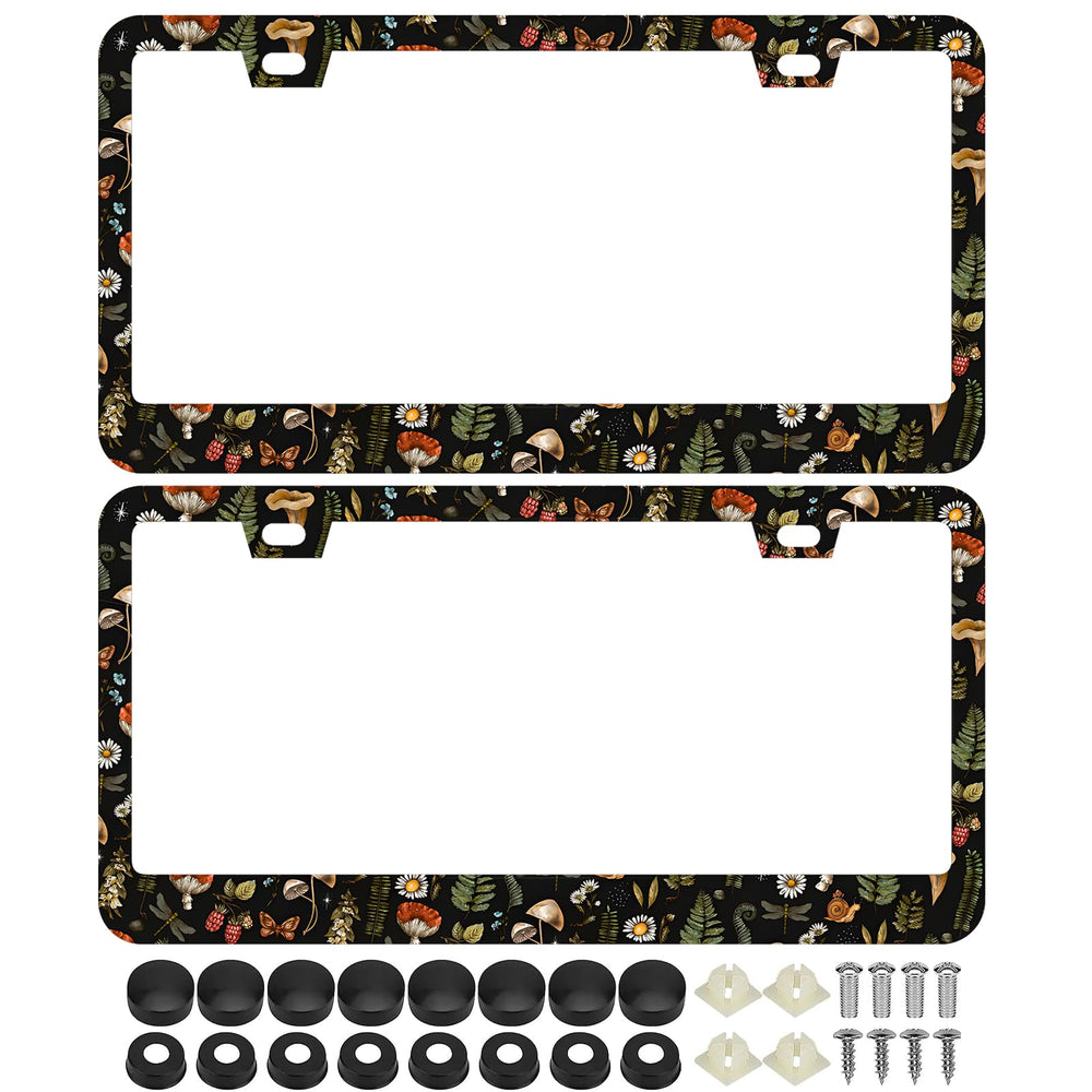 LRZJYDMB woodland-fern-dragonfly license frame front view shows rust-resistant stainless steel