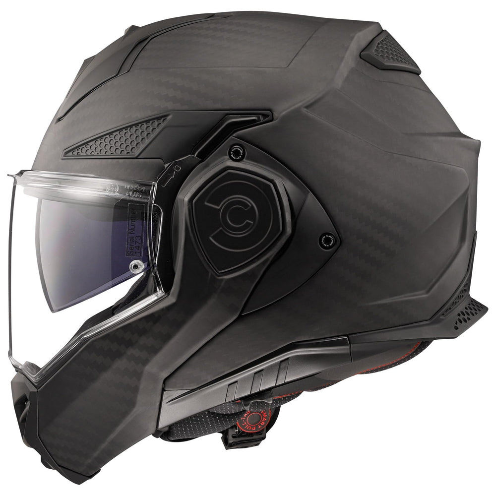 LS2 Advant X Carbon helmet side view showing modular design for open-face to full-face use
