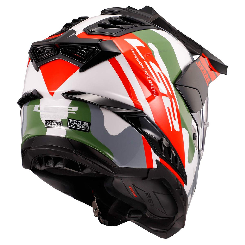 LS2 Explorer XT Camox helmet rear view with aerodynamic silhouette.