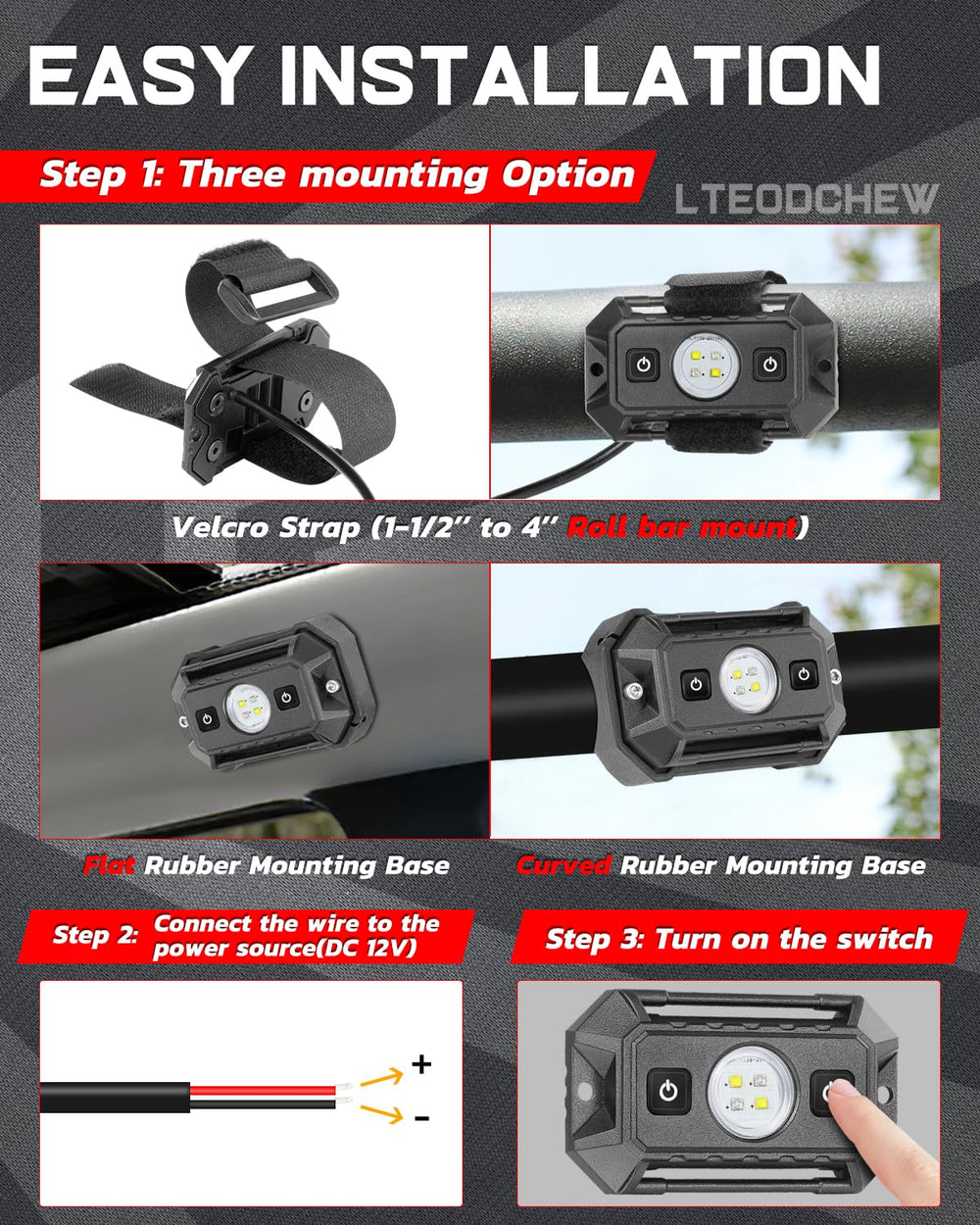 LTEODCHEW dome light Velcro roll-bar mount securing to a roll cage