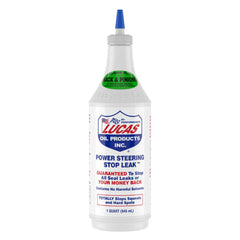 Lucas Oil 10011-PK12 power steering stop leak bottle showing 1-qt size for sealing leaks