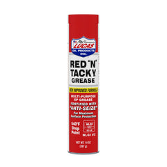 Lucas Oil Red N Tacky Grease 14 oz cartridge close-up showing tacky texture for heavy-duty lubrication.