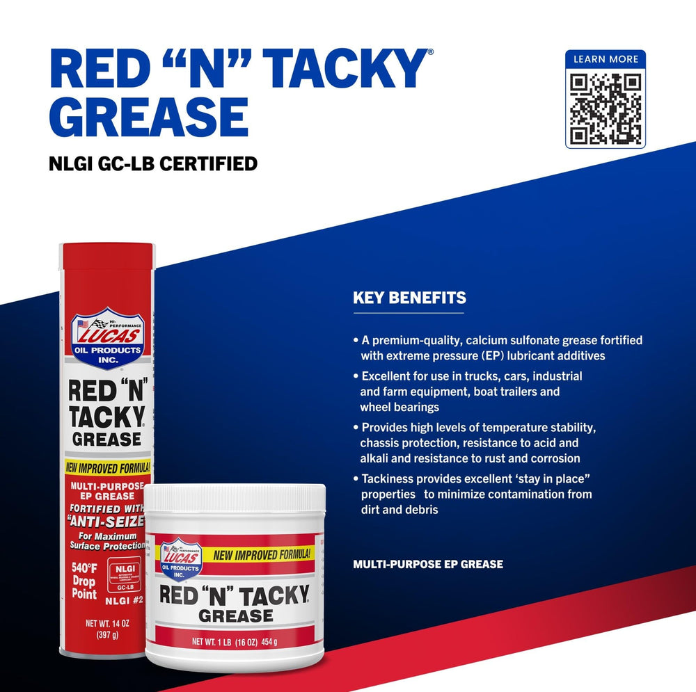 Lucas Oil Red N Tacky Grease protects plain bearings and open gears under heavy loads.