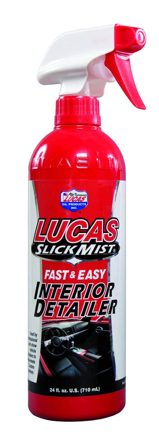Lucas Oil Slick Mist Interior Detailer spray on dashboard demonstrates protection and a like-new look