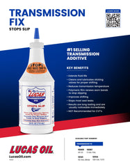 Lucas Oil Transmission Fix bottle label close-up demonstrates clear usage instructions