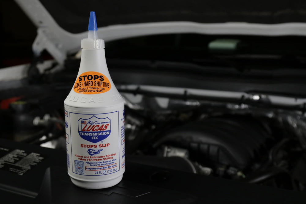 Lucas Oil Transmission Fix seal-leak graphic hints at potential leak mitigation