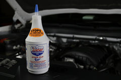 Lucas Oil Transmission Fix seal-leak graphic hints at potential leak mitigation
