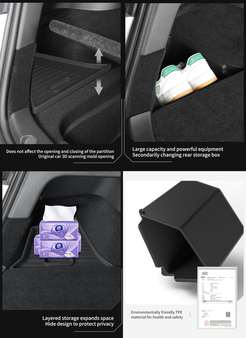 LUCKEASY installation step 2 demonstrates securing bins for a tidy trunk.