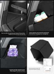LUCKEASY installation step 2 demonstrates securing bins for a tidy trunk.