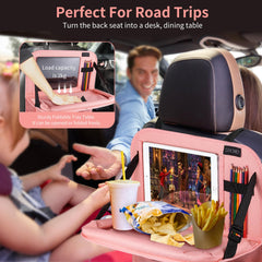 Adjustable straps and hooks secure LUCMO backseat organizer in pink