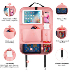 Angled folding tray on LUCMO backseat organizer for better tablet viewing, pink
