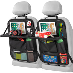 LUCMO car backseat organizer with table tray keeps toys and snacks organized.