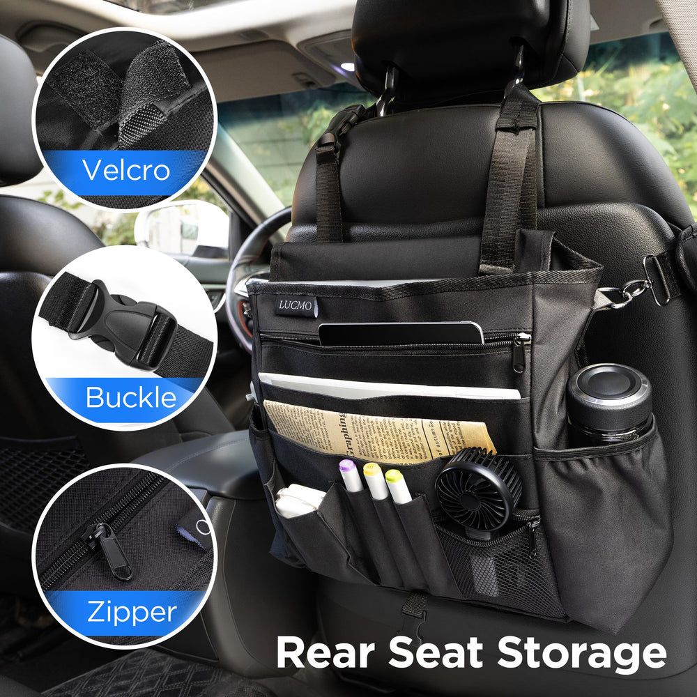 LUCMO car seat organizer secure hanging straps prevent movement while driving.
