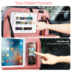 LUCMO organizer showing multiple pockets for toys, wipes, chargers in pink