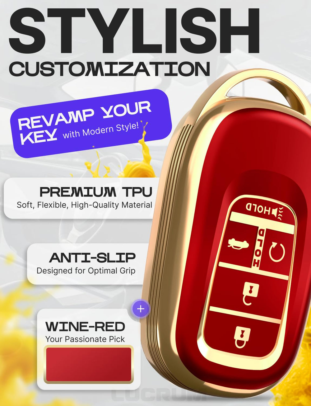 Lucrum key fob TPU close-up highlighting durable full-body protection.