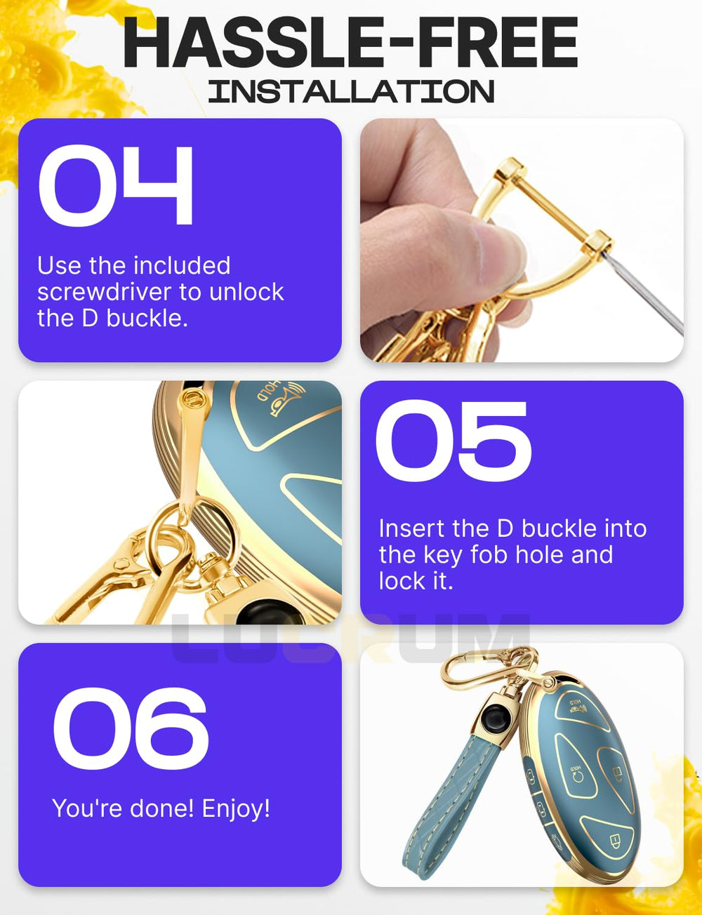 Lucrum standalone key fob cover note emphasizes compatibility and protection.