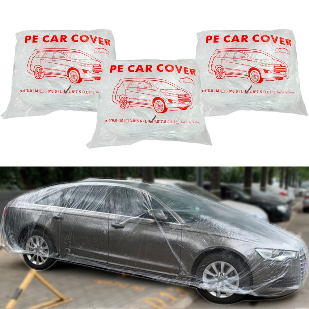 LuliKa 3-pack disposable car cover, clear plastic, front view, snug elastic fit for rain protection.