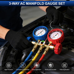 Luney 3-Way AC Gauges Set self-sealing taps for safe charging.