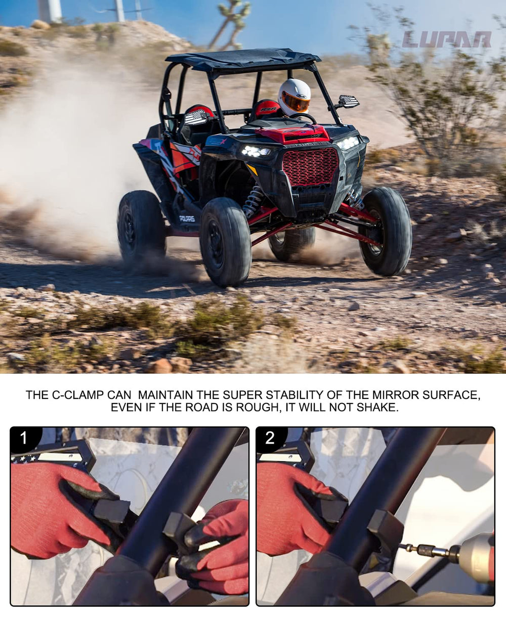 Lupar 180-degree folding UTV mirror helps avoid obstacles during trails.