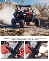 Lupar 180-degree folding UTV mirror helps avoid obstacles during trails.