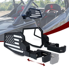 Lupar American flag pattern UTV side mirror enhances rear visibility for off-road adventures.