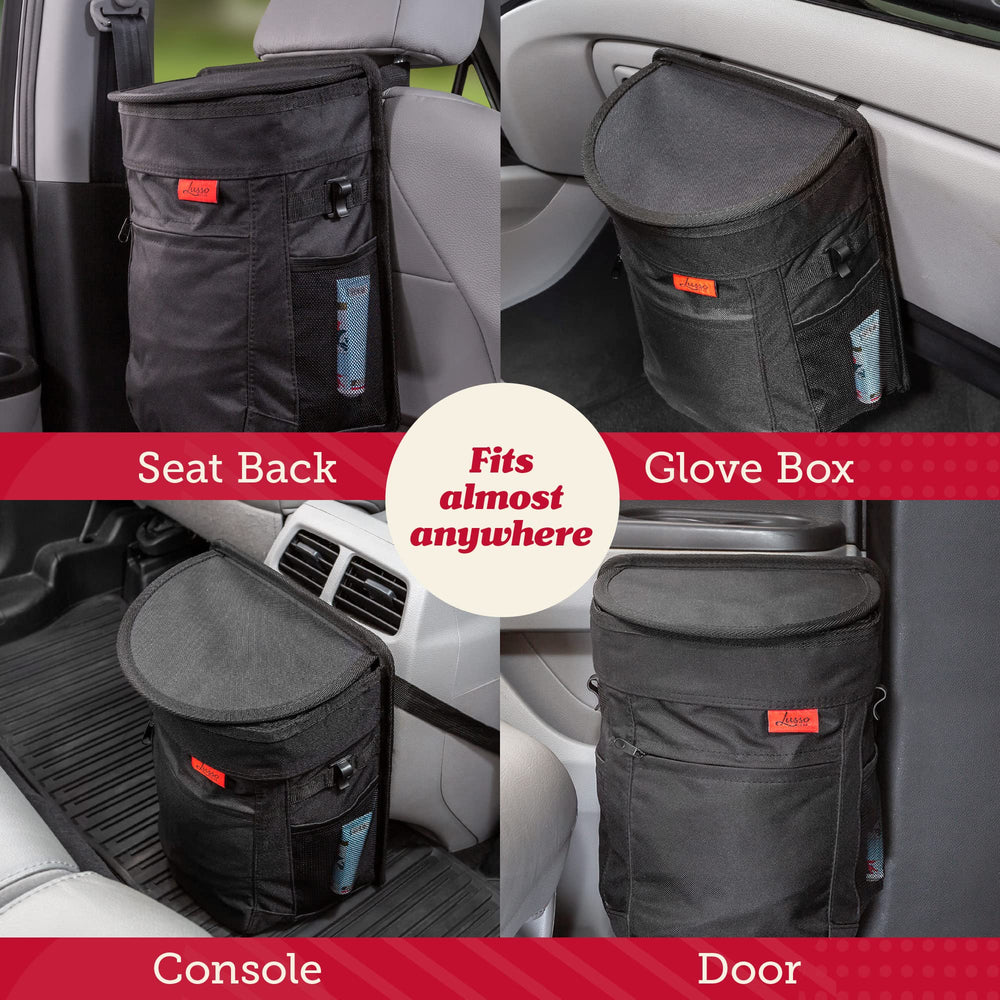 Lusso Gear car bin with mesh pockets organizes small items for easy access.