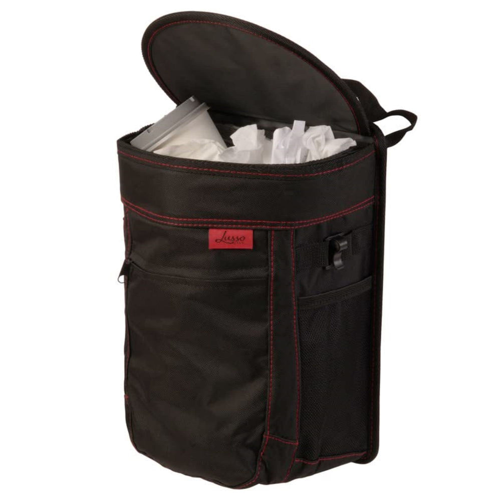 Lusso Gear spill-proof car trash can with leak-proof lid keeps trash contained during trips.