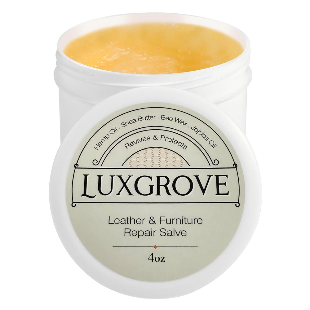 LUXGROVE Leather Repair Salve bottle close-up for revitalizing leather