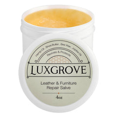 LUXGROVE Leather Repair Salve bottle close-up for revitalizing leather