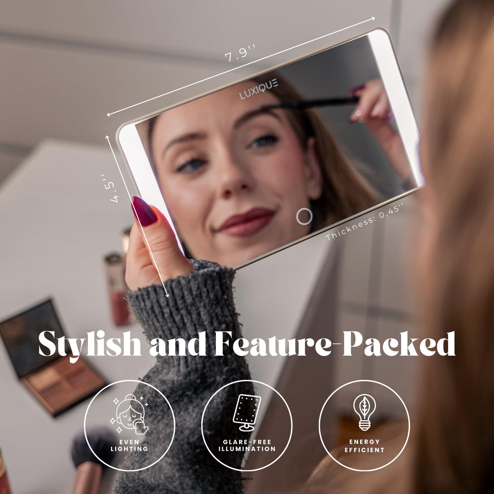 Luxique Sun Visor Mirror vanity table use supports precise makeup checks