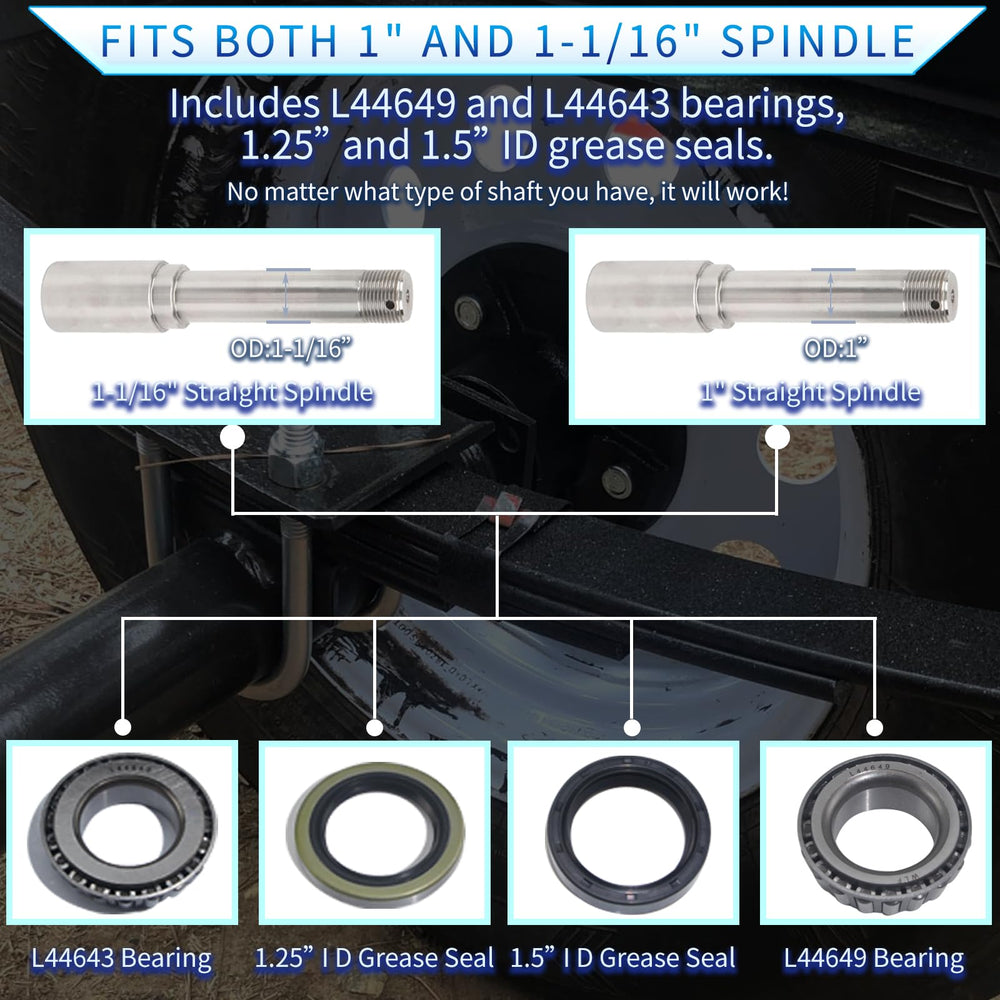 Luxtrksto hub kit visual of 1in and 1-1/16in spindles for versatile fit