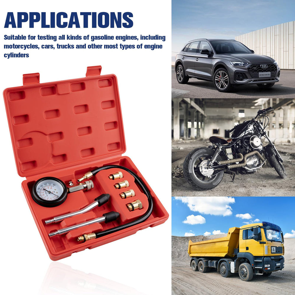 Lyhubmh compression tester kit in-use on motorcycle engine for diagnostics