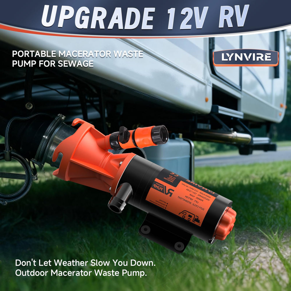 Lynvire RV Macerator Pump with dual blade cutters cuts solids to reduce clogs.