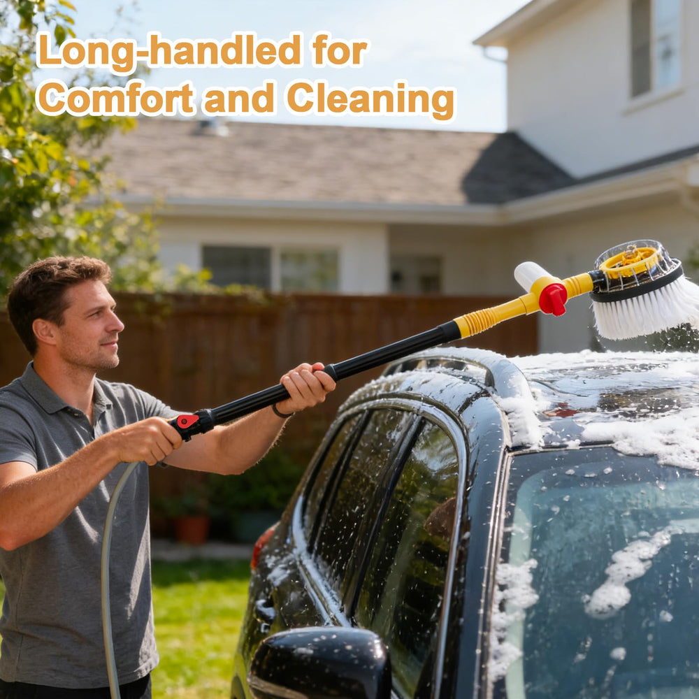 Long multi-section handle reaches roofs, hoods, and high panels.