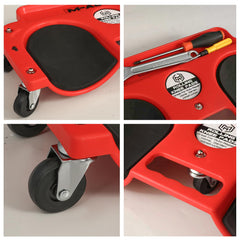 M-AUTO knee creeper shows 200 lb capacity in garage setting.