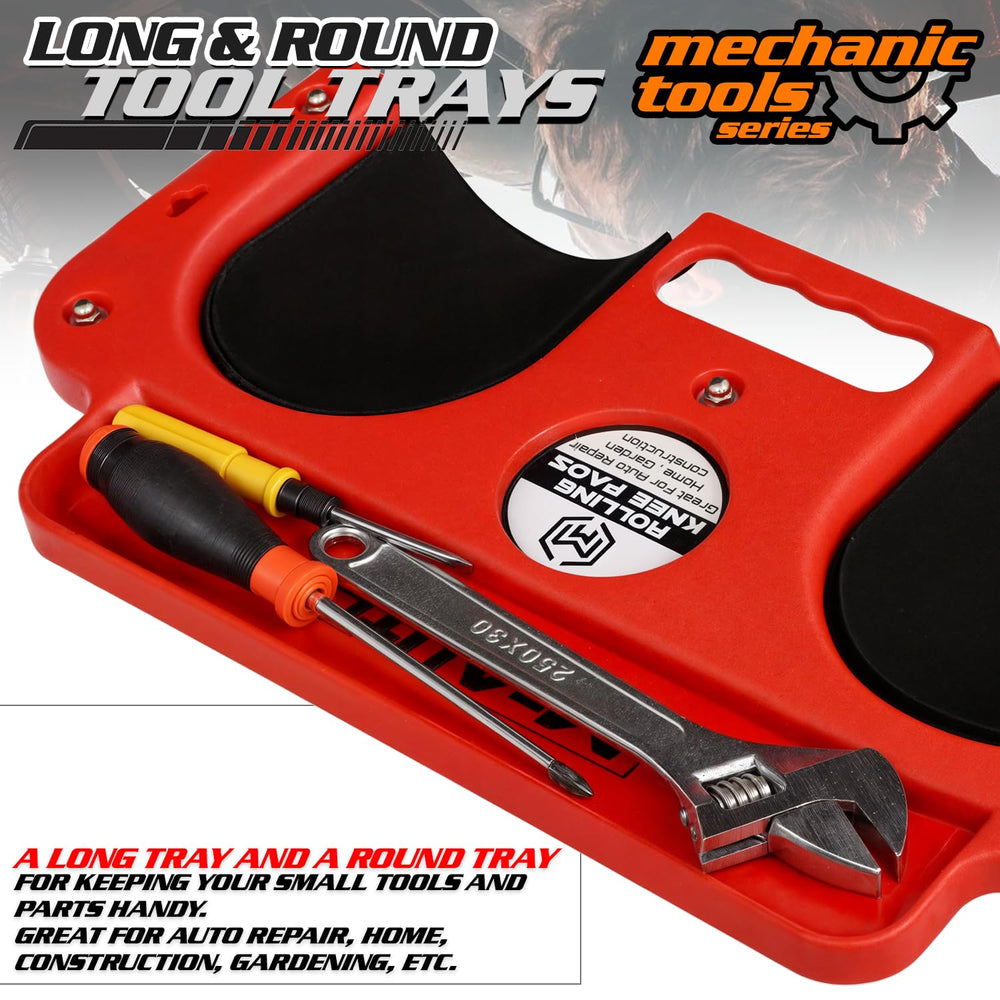 M-AUTO rolling knee creeper with integrated tool tray and wheels.