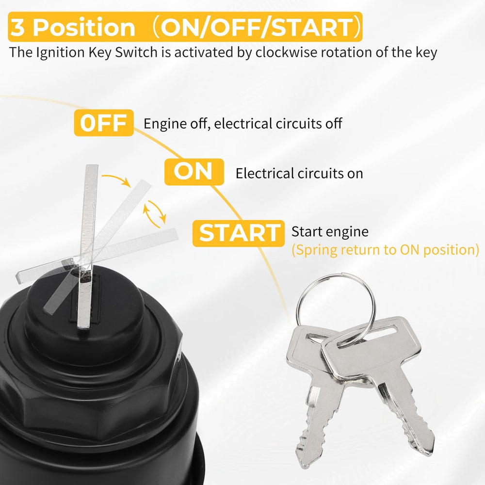 M MATI ignition key switch closeup, durable contacts for reliable starts.