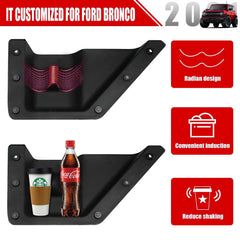 Mabett cup holder inserts added to Bronco door pockets for beverage access
