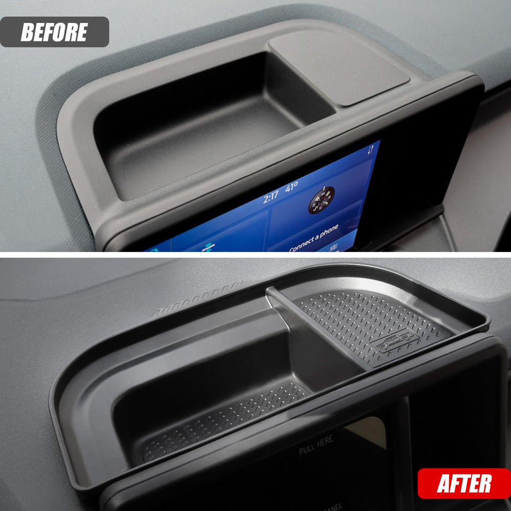 Dashboard tray bottom pattern prevents items from sliding in Maverick
