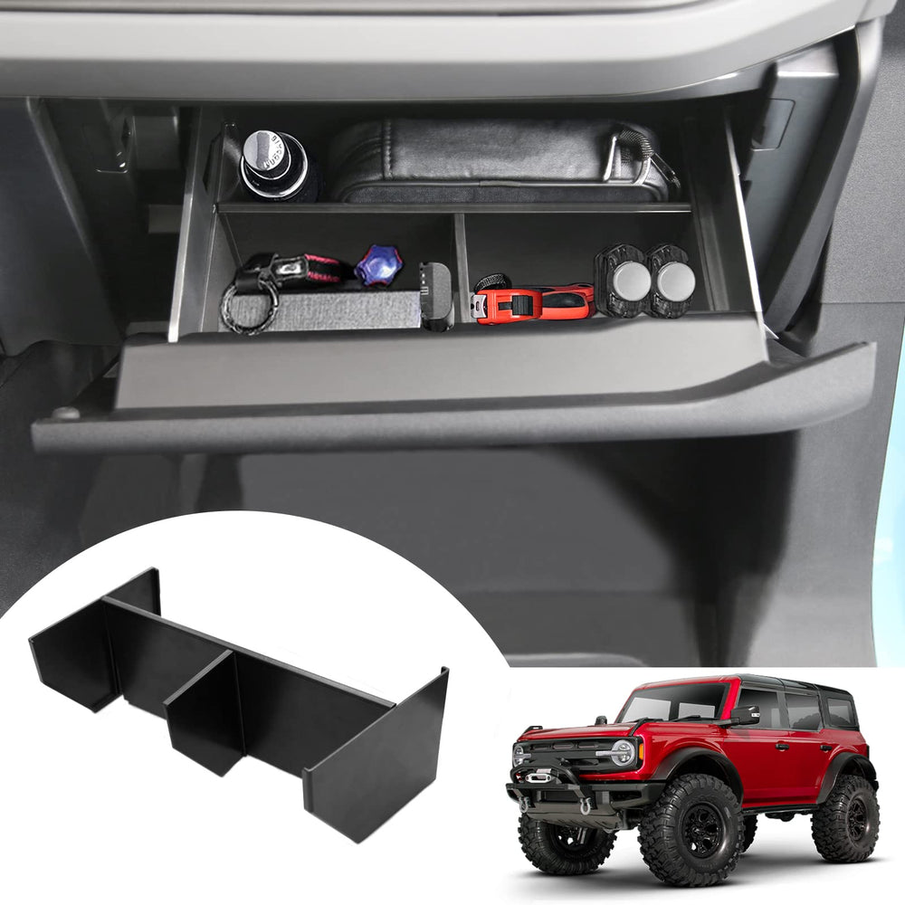 Mabett glove box dividers for Bronco 2026 front view enhances organization